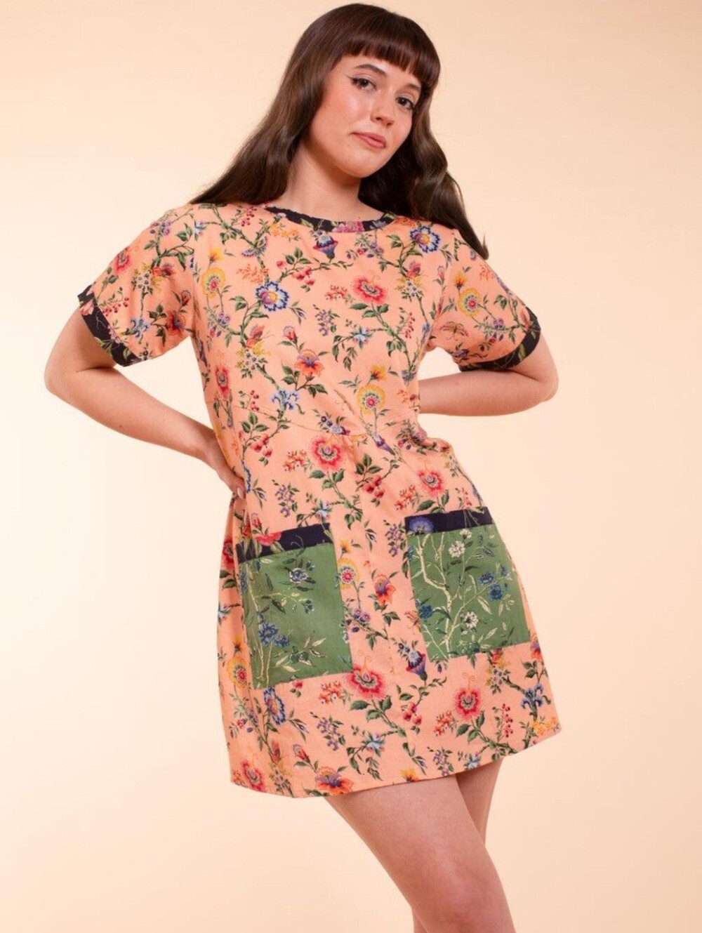 Samantha Pleet Peach Floral Dress with Green Patch Pockets